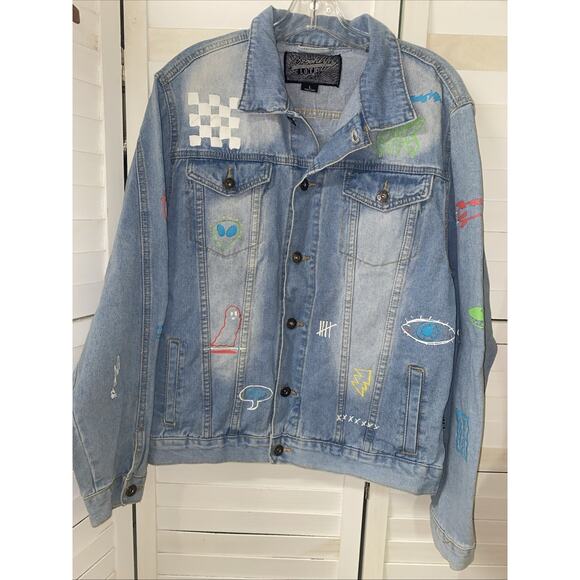 VTG Brooklyn Cloth Men’s Graphic Blue Denim Jean Jacket Retro 90s Sz Large - Picture 1 of 13